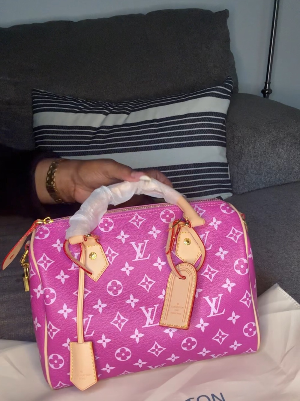 Pink Monogram Speedy Satchel with Natural Trim